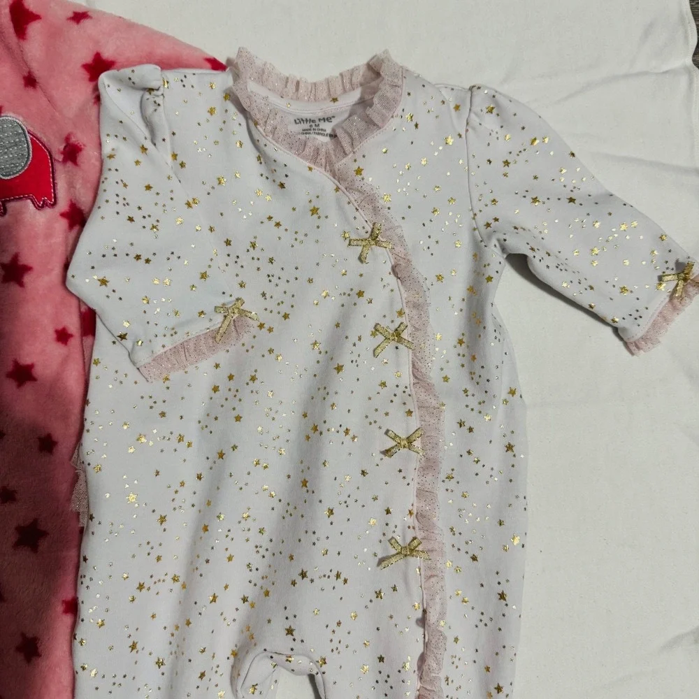 6M Little Me Baby Girl Footed Pajamas Set 2pc Pink‎ Fleece Elephant Gold Star